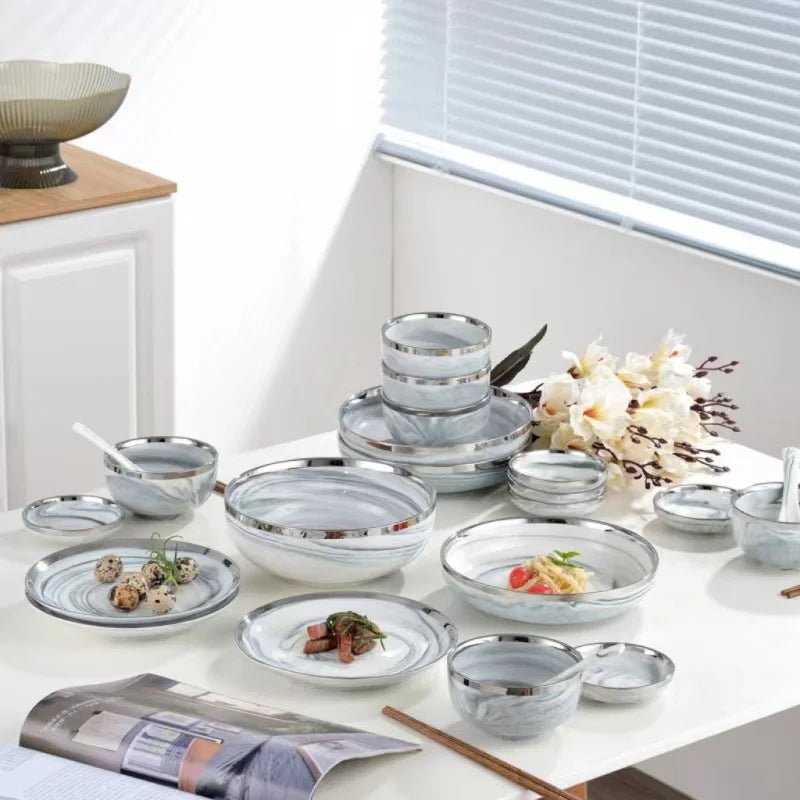 Keramikteller mit Silberrand: Marmor - Design für Steak, Schüsseln & Familien - Dinner - ApolettaApoletta