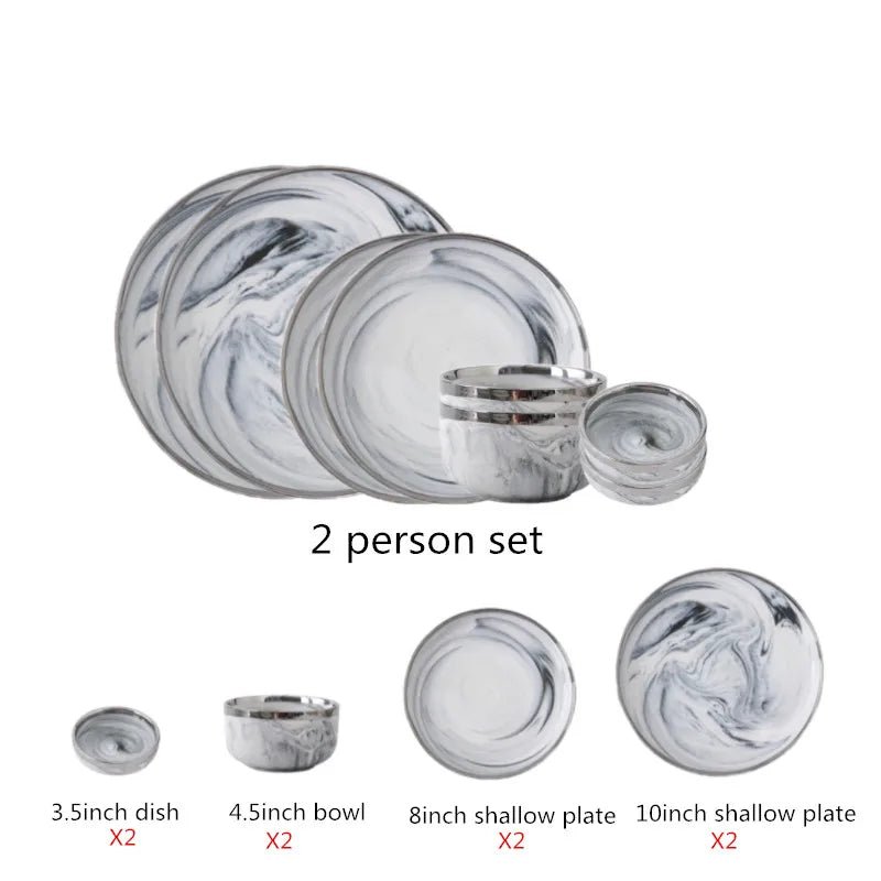 Keramikteller mit Silberrand: Marmor - Design für Steak, Schüsseln & Familien - Dinner - ApolettaApoletta