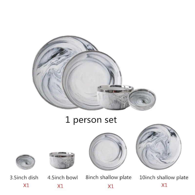 Keramikteller mit Silberrand: Marmor - Design für Steak, Schüsseln & Familien - Dinner - ApolettaApoletta