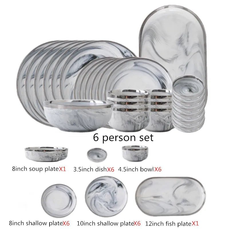 Keramikteller mit Silberrand: Marmor - Design für Steak, Schüsseln & Familien - Dinner - ApolettaApoletta