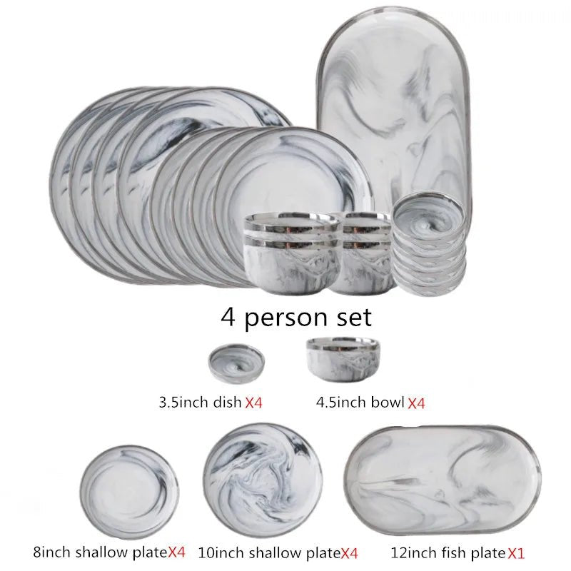 Keramikteller mit Silberrand: Marmor - Design für Steak, Schüsseln & Familien - Dinner - ApolettaApoletta