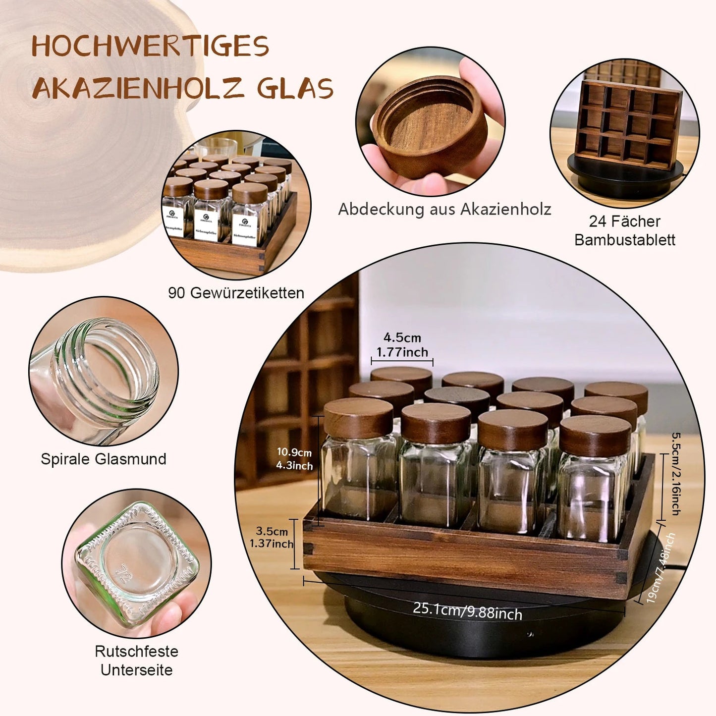 Gewürzregal aus Akazienholz mit 12/24 Gläsern - ApolettaApoletta