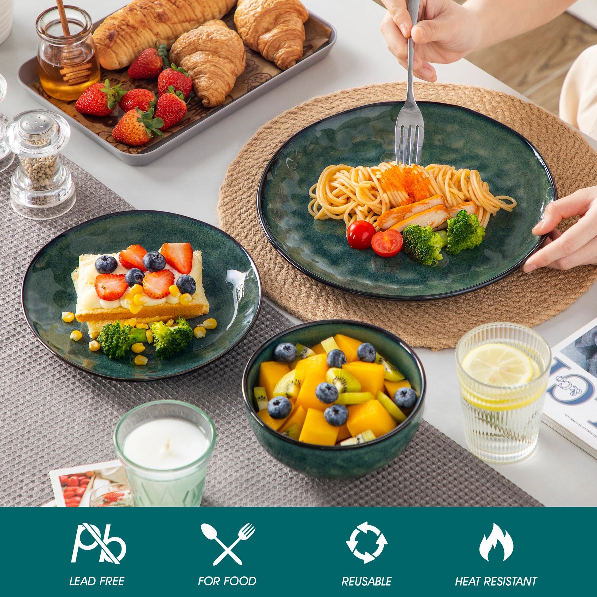 Grünes Keramik - Set: 12/24 - teiliges Geschirr aus Steinzeug für 4 oder 8 Personen - ApolettaApoletta