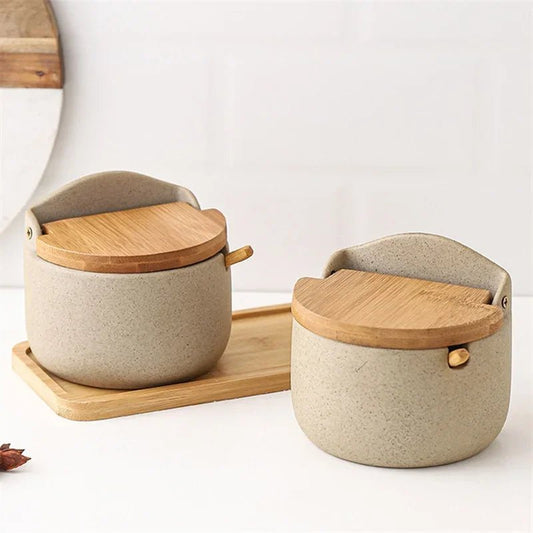 Gewürzglas im japanischen Stil: Keramik mit Bambusdeckel & Löffel - ApolettaApoletta