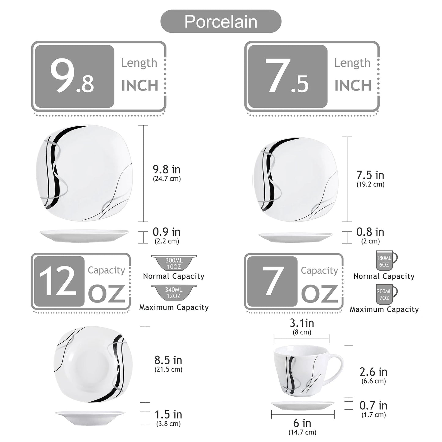Porzellan - Geschirrset: 30/60 - teilig mit schwarzen Linien für Teller, Tassen & Untertassen - ApolettaApoletta