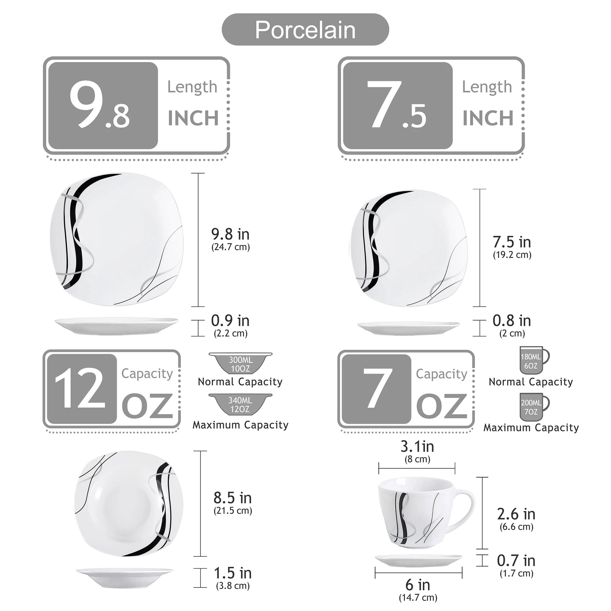Porzellan - Geschirrset: 30/60 - teilig mit schwarzen Linien für Teller, Tassen & Untertassen - ApolettaApoletta