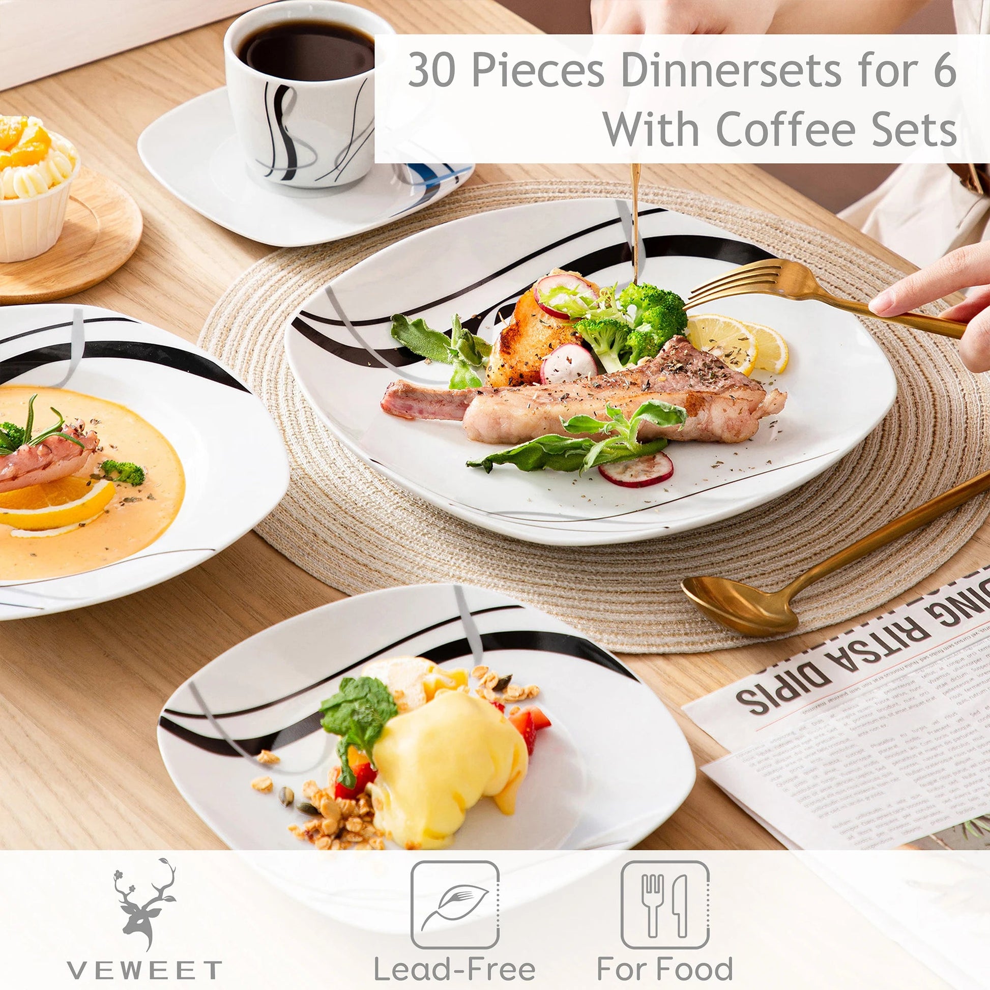 Porzellan - Geschirrset: 30/60 - teilig mit schwarzen Linien für Teller, Tassen & Untertassen - ApolettaApoletta