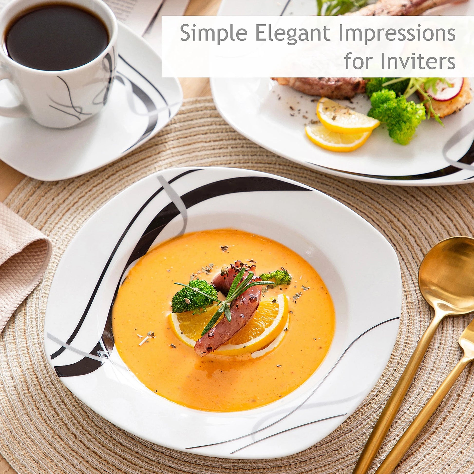 Porzellan - Geschirrset: 30/60 - teilig mit schwarzen Linien für Teller, Tassen & Untertassen - ApolettaApoletta