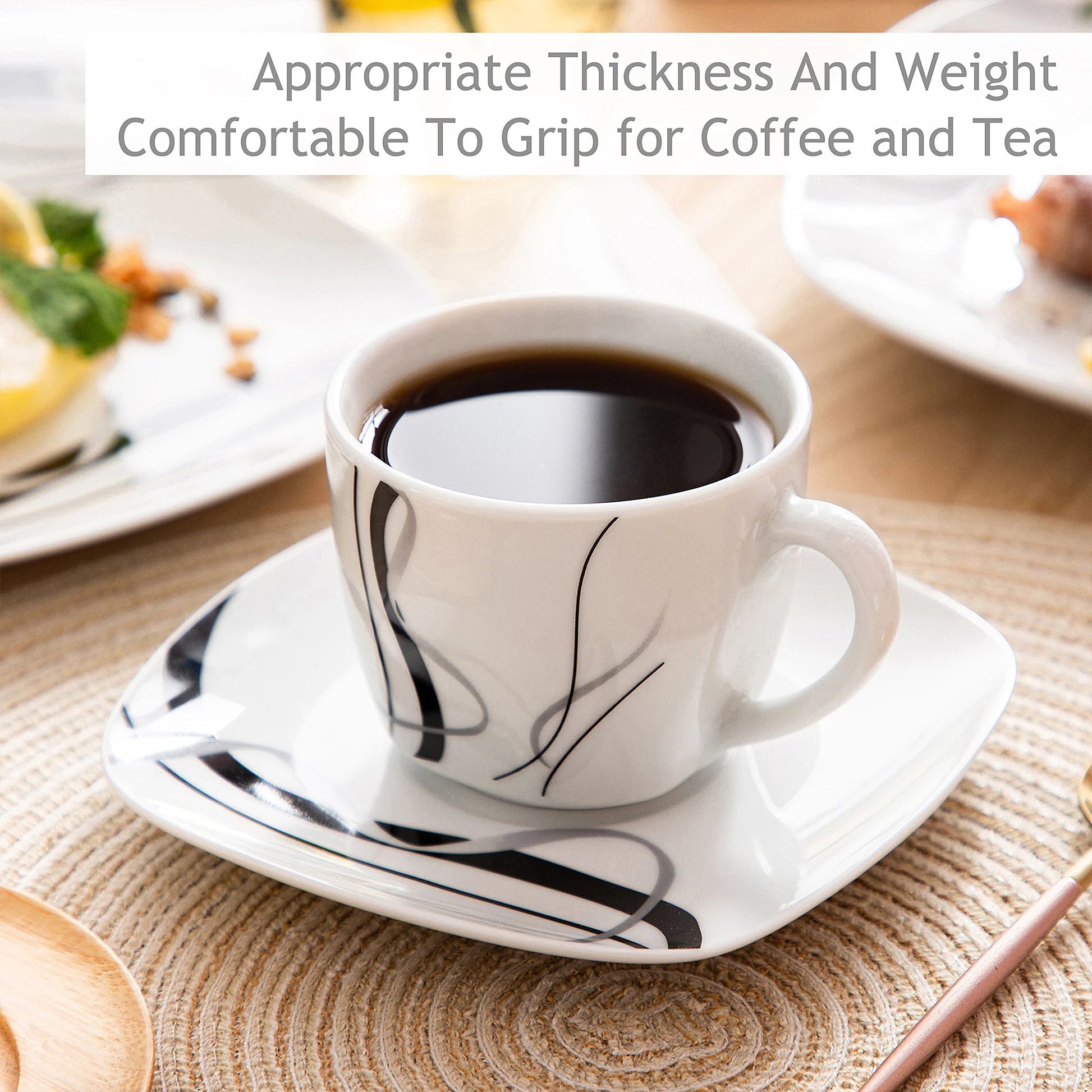 Porzellan - Geschirrset: 30/60 - teilig mit schwarzen Linien für Teller, Tassen & Untertassen - ApolettaApoletta