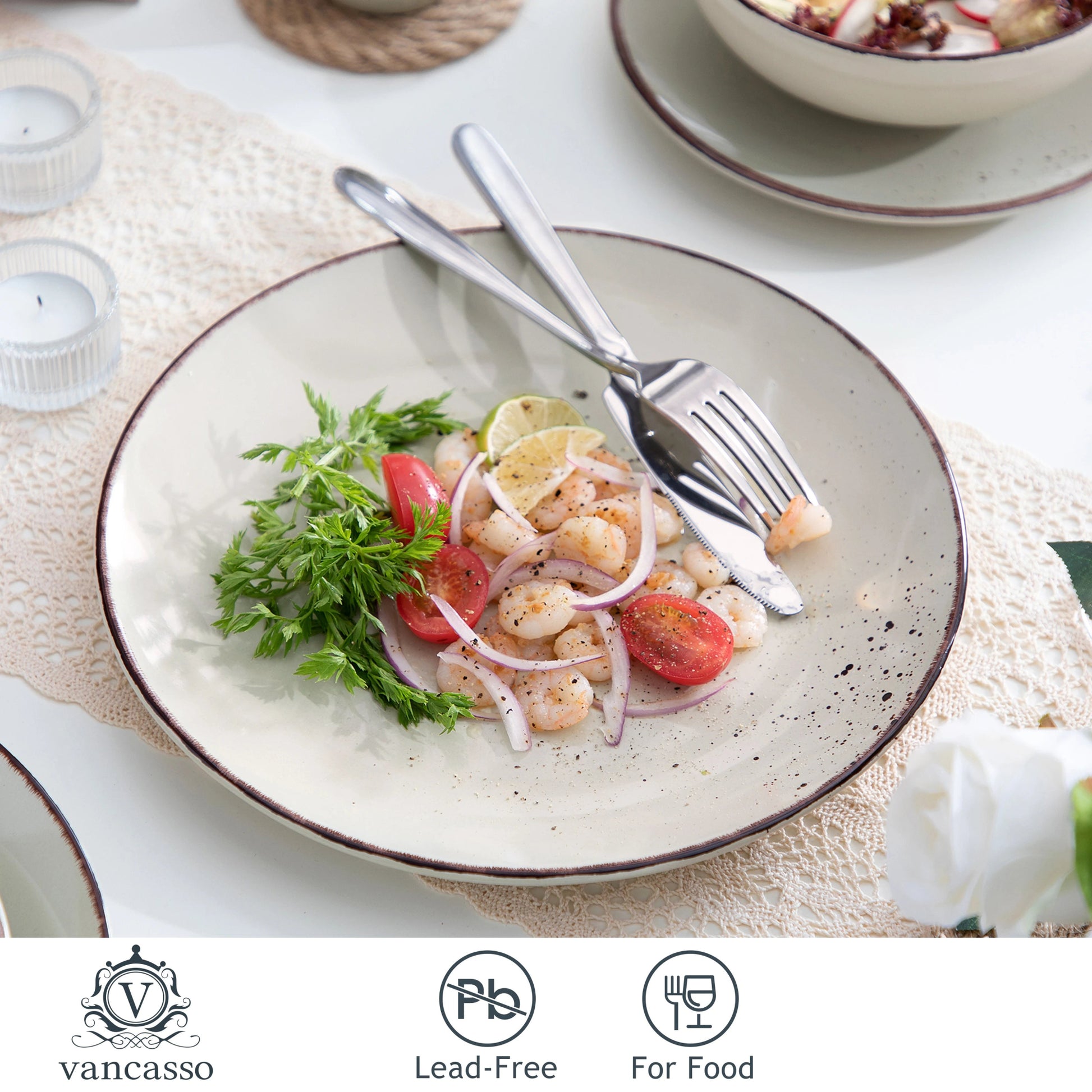 Beiges Keramik - Geschirrset: 16/32/48 - teilig aus Steinzeug mit Teller, Schüssel und Becher - ApolettaApoletta