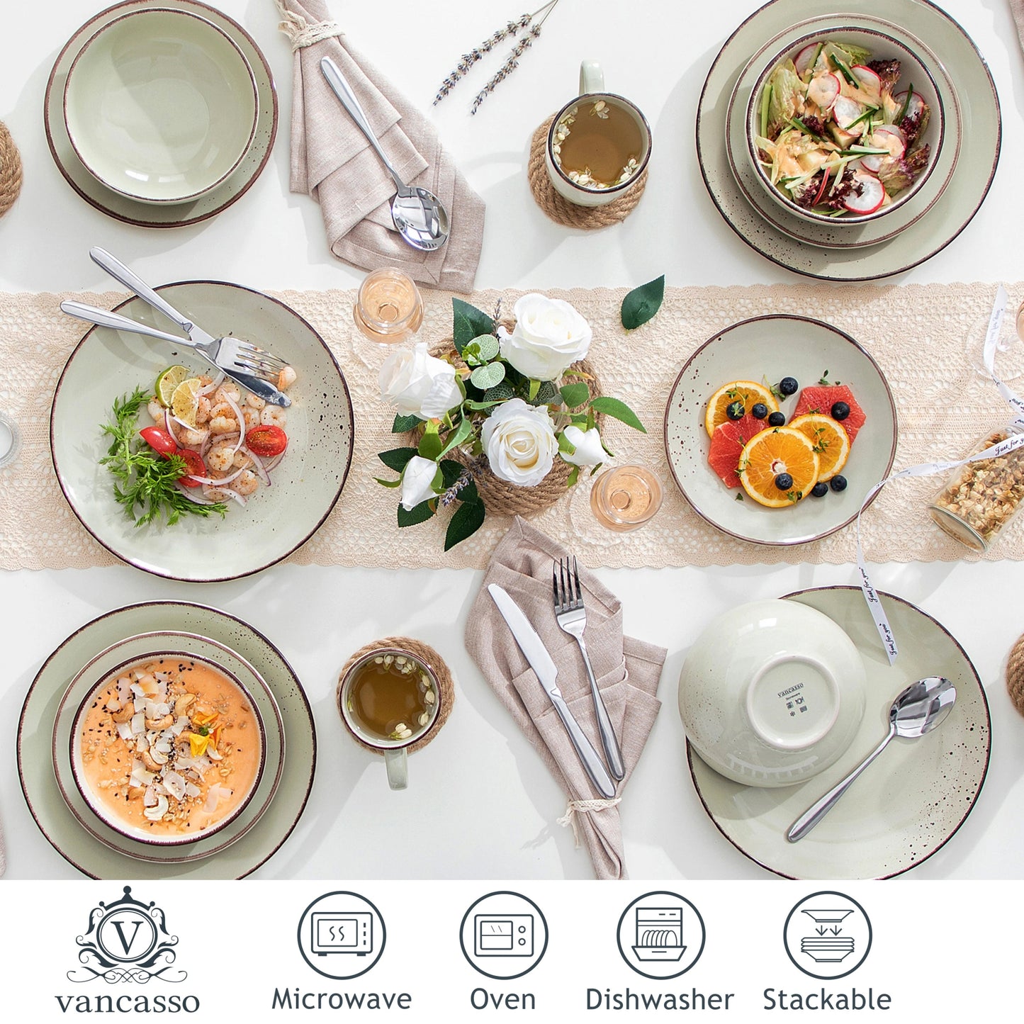 Beiges Keramik - Geschirrset: 16/32/48 - teilig aus Steinzeug mit Teller, Schüssel und Becher - ApolettaApoletta