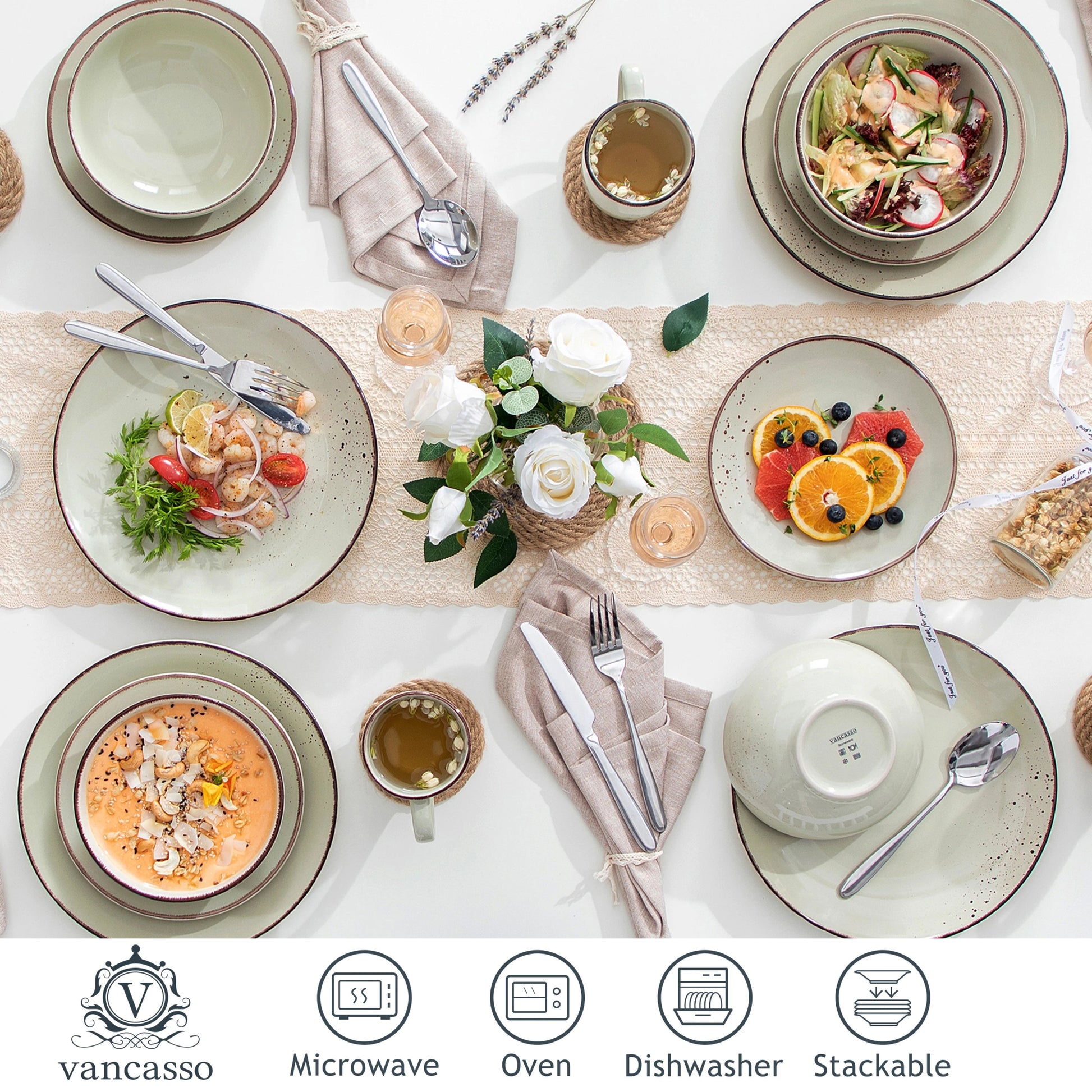 Beiges Keramik - Geschirrset: 16/32/48 - teilig aus Steinzeug mit Teller, Schüssel und Becher - ApolettaApoletta