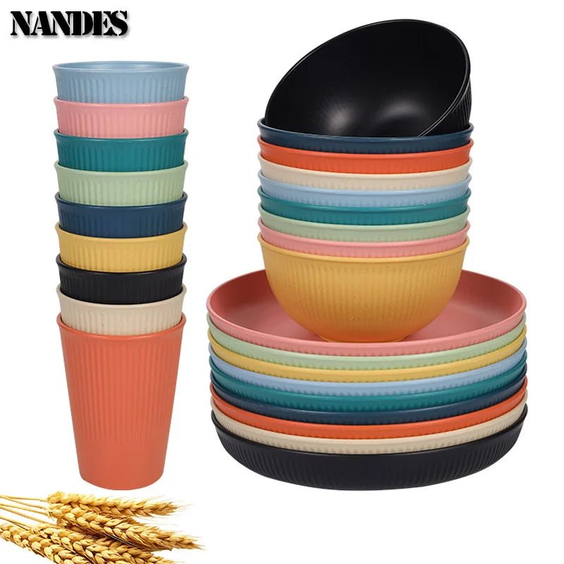 36 - teiliges umweltfreundliches Geschirr - Set: Weizenstroh - Teller, Ramen - Schüsseln & Besteck - ApolettaApoletta