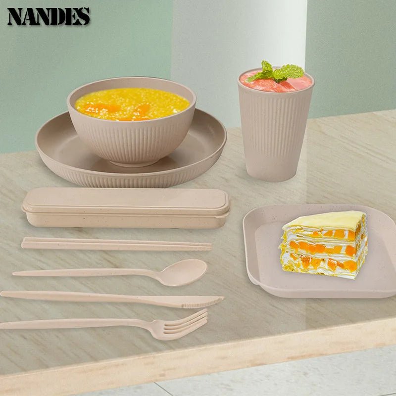 36 - teiliges umweltfreundliches Geschirr - Set: Weizenstroh - Teller, Ramen - Schüsseln & Besteck - ApolettaApoletta