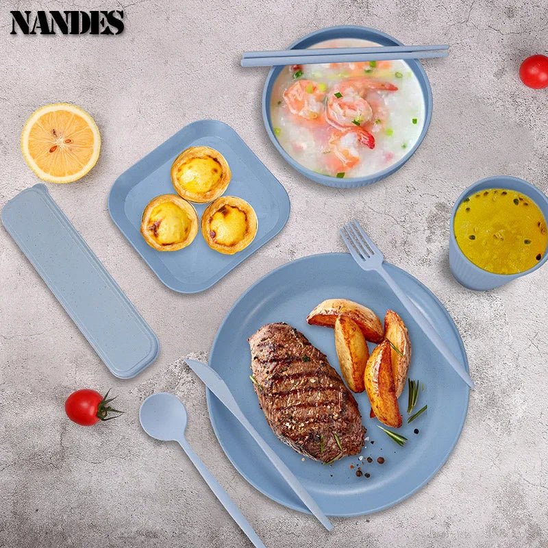 36 - teiliges umweltfreundliches Geschirr - Set: Weizenstroh - Teller, Ramen - Schüsseln & Besteck - ApolettaApoletta