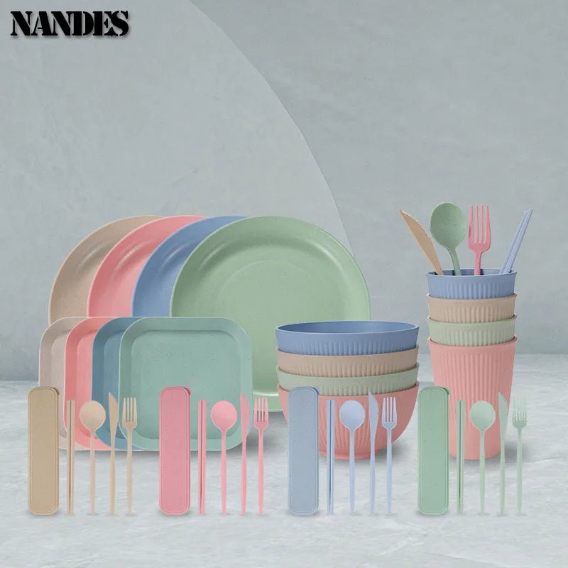 36 - teiliges umweltfreundliches Geschirr - Set: Weizenstroh - Teller, Ramen - Schüsseln & Besteck - ApolettaApoletta