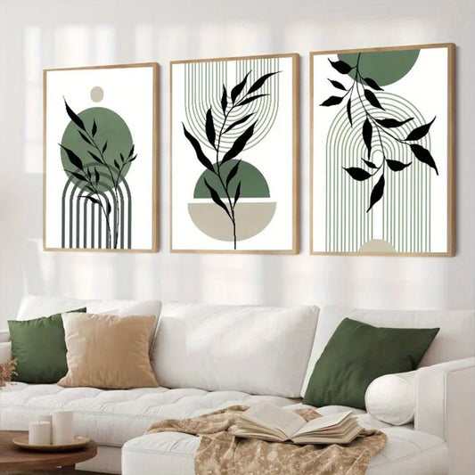 Salbeigrün Boho Wandkunst (3er - Set): Abstrakte Mid - Century Poster für Wohn - und Schlafzimmer - ApolettaApoletta