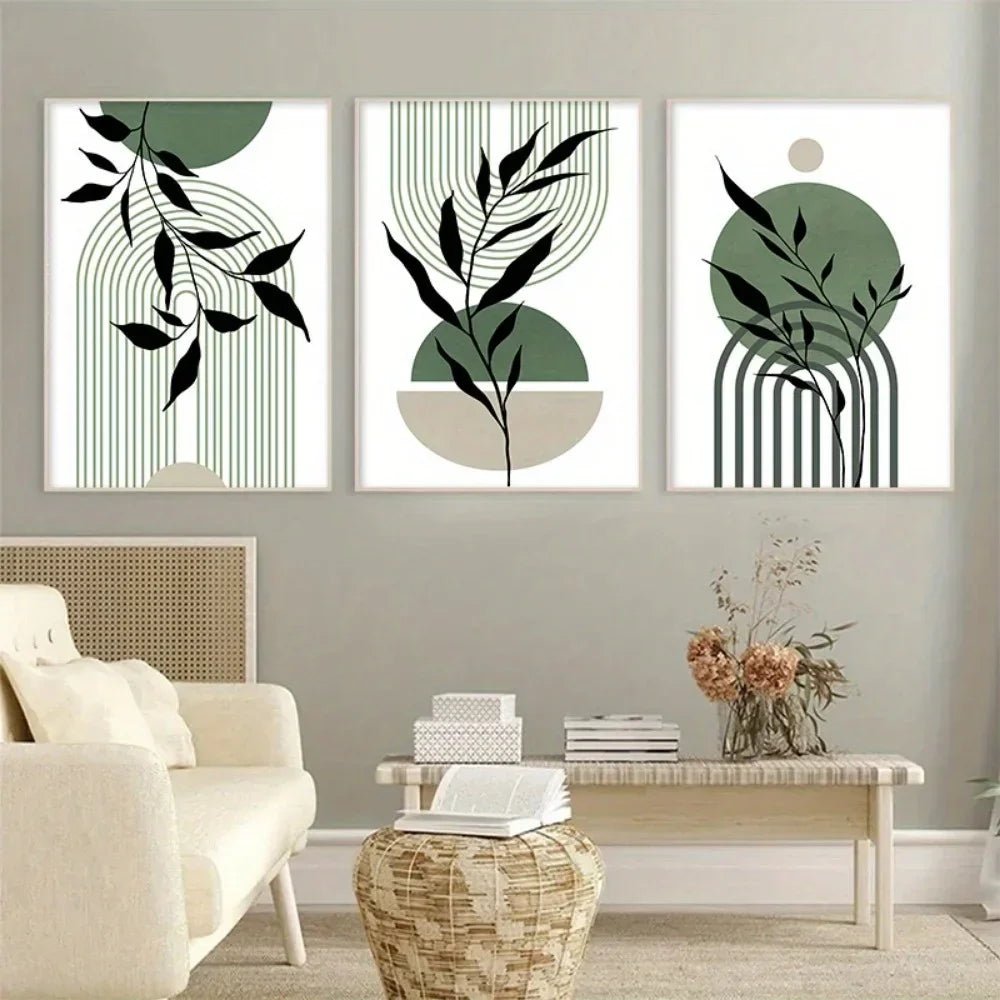 Salbeigrün Boho Wandkunst (3er - Set): Abstrakte Mid - Century Poster für Wohn - und Schlafzimmer - ApolettaApoletta
