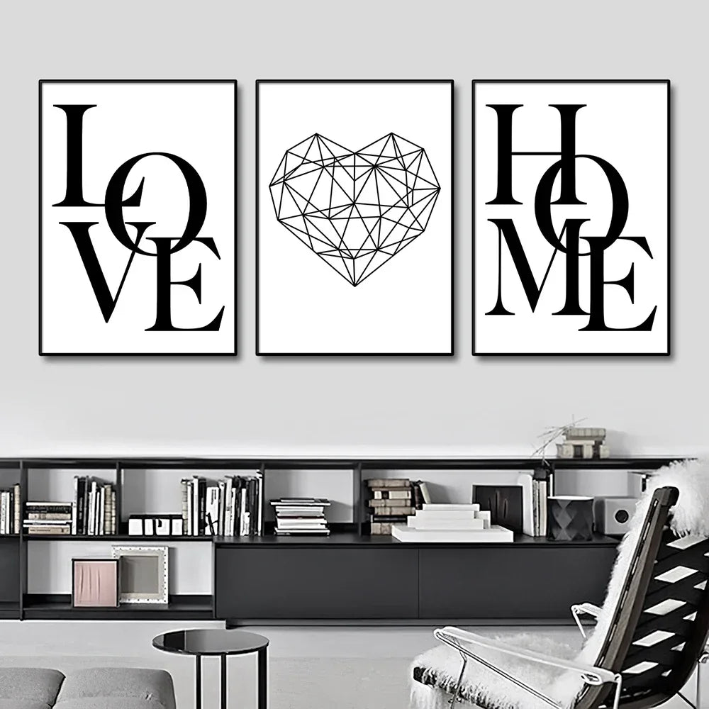 3er - Set Leinwanddrucke: Liebe, Diamant Herz & Schrift in Schwarz - Weiß für moderne Wohnkultur - ApolettaApoletta