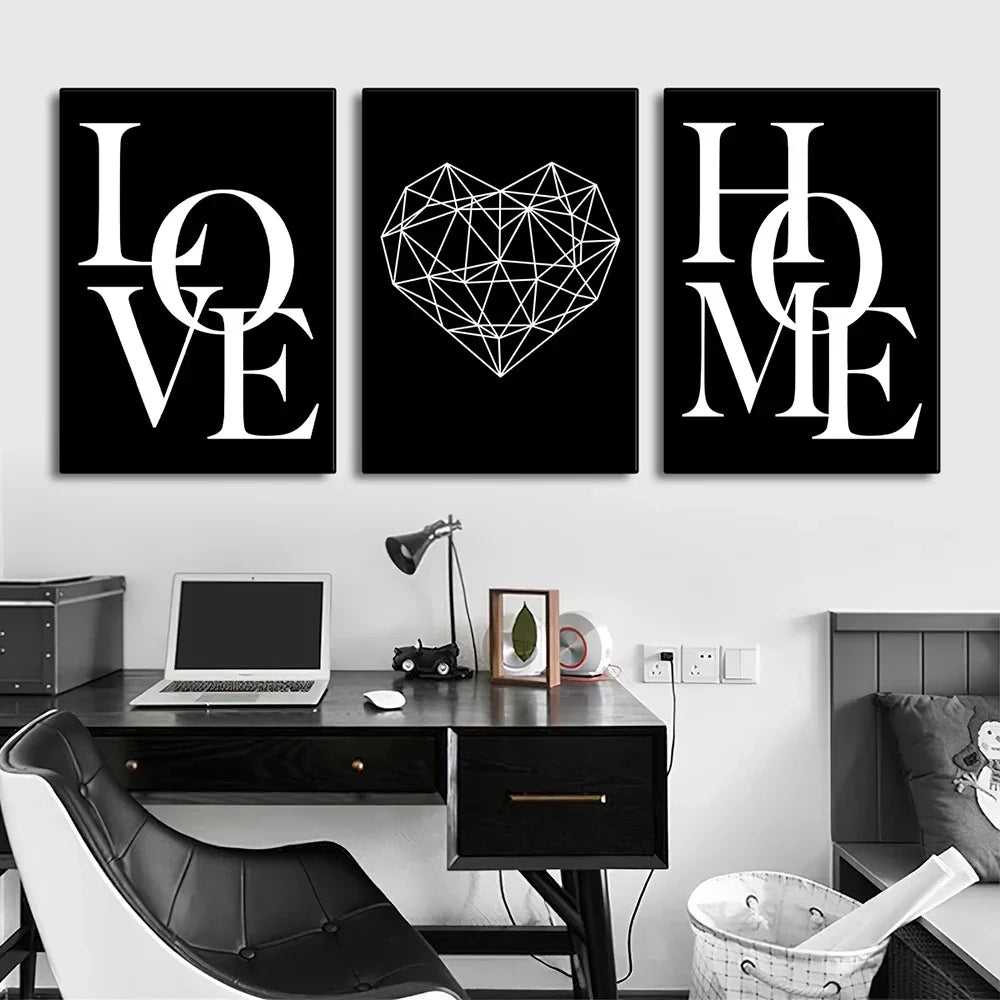 3er - Set Leinwanddrucke: Liebe, Diamant Herz & Schrift in Schwarz - Weiß für moderne Wohnkultur - ApolettaApoletta