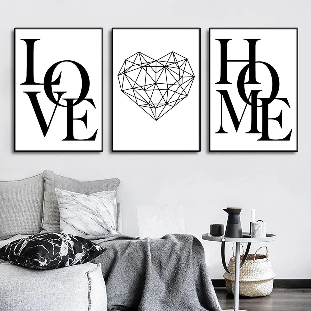3er - Set Leinwanddrucke: Liebe, Diamant Herz & Schrift in Schwarz - Weiß für moderne Wohnkultur - ApolettaApoletta