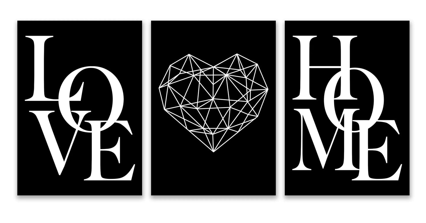 3er - Set Leinwanddrucke: Liebe, Diamant Herz & Schrift in Schwarz - Weiß für moderne Wohnkultur - ApolettaApoletta