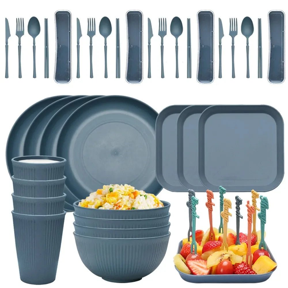 48 - teiliges umweltfreundliches Geschirr - Set: Weizenstroh - Teller, Ramen - Schüsseln & Besteck - ApolettaApoletta