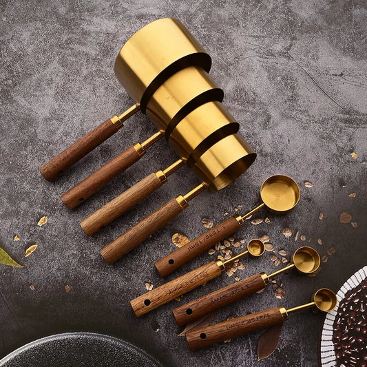 Gold Holzgriff Edelstahl Messbecher Löffel Backwerkzeuge Kaffee Messlöffel Set Barkeeper Maßstab Zubehör - ApolettaApoletta
