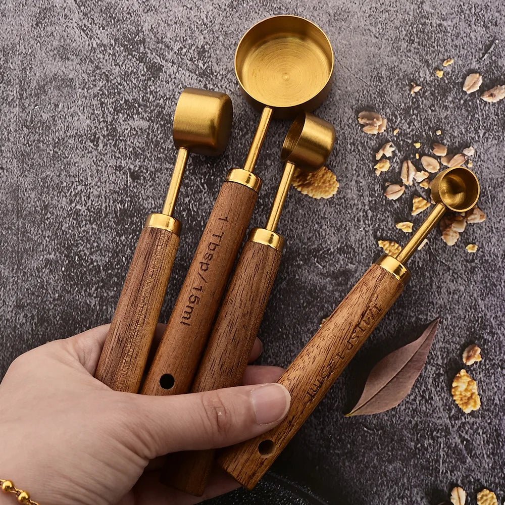 Gold Holzgriff Edelstahl Messbecher Löffel Backwerkzeuge Kaffee Messlöffel Set Barkeeper Maßstab Zubehör - ApolettaApoletta