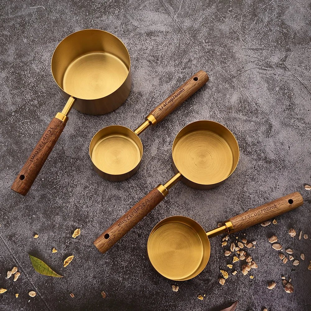 Gold Holzgriff Edelstahl Messbecher Löffel Backwerkzeuge Kaffee Messlöffel Set Barkeeper Maßstab Zubehör - ApolettaApoletta