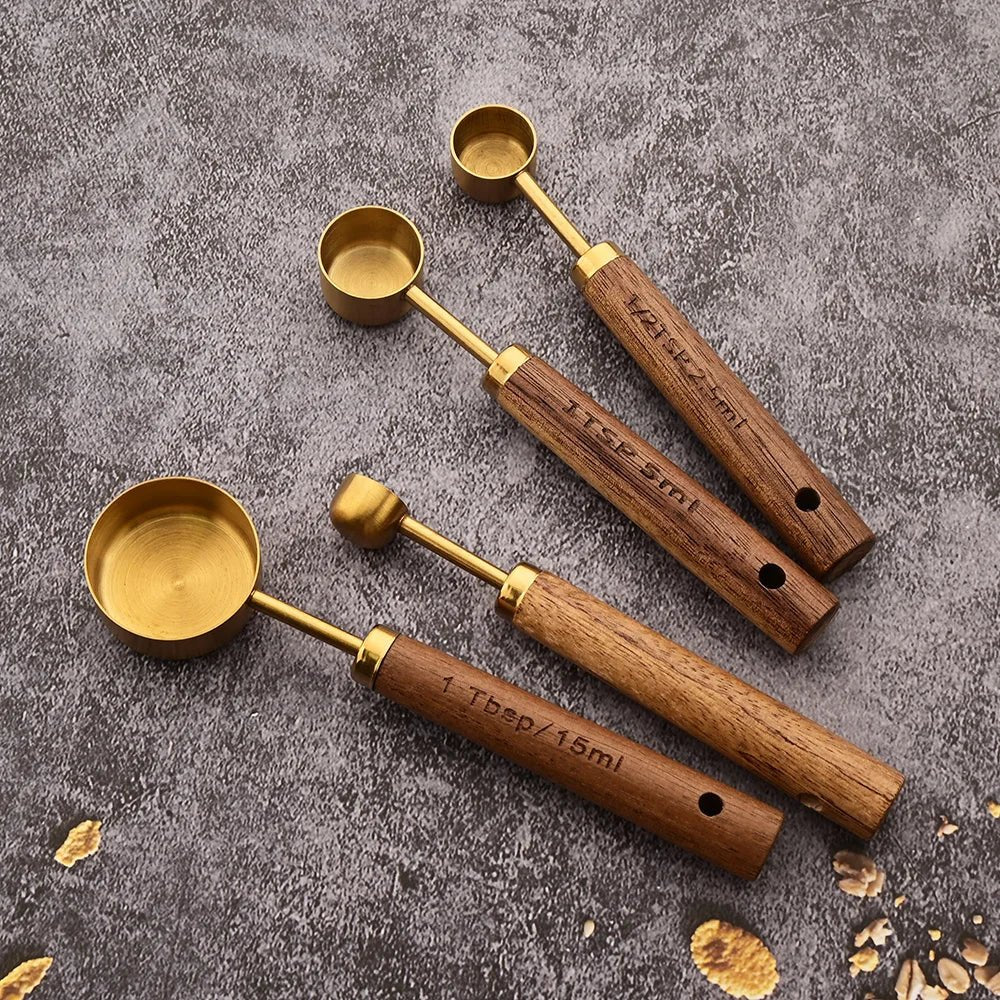 Gold Holzgriff Edelstahl Messbecher Löffel Backwerkzeuge Kaffee Messlöffel Set Barkeeper Maßstab Zubehör - ApolettaApoletta