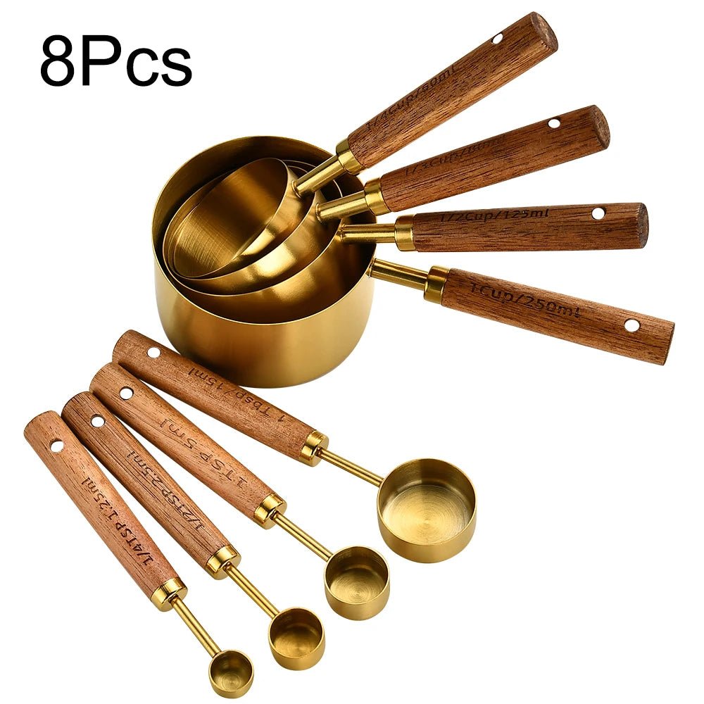 Gold Holzgriff Edelstahl Messbecher Löffel Backwerkzeuge Kaffee Messlöffel Set Barkeeper Maßstab Zubehör - ApolettaApoletta