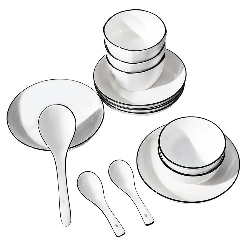 Weißes Geschirrset mit schwarzem Rand: Keramik - Teller, Schüssel & Serviertablett - ApolettaApoletta