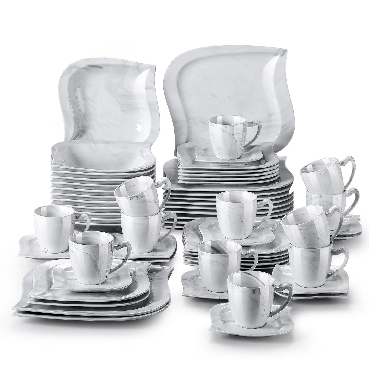 30 - teiliges Marmor - Geschirr - Set: Porzellan - Teller, Tassen & Untertassen - ApolettaApoletta