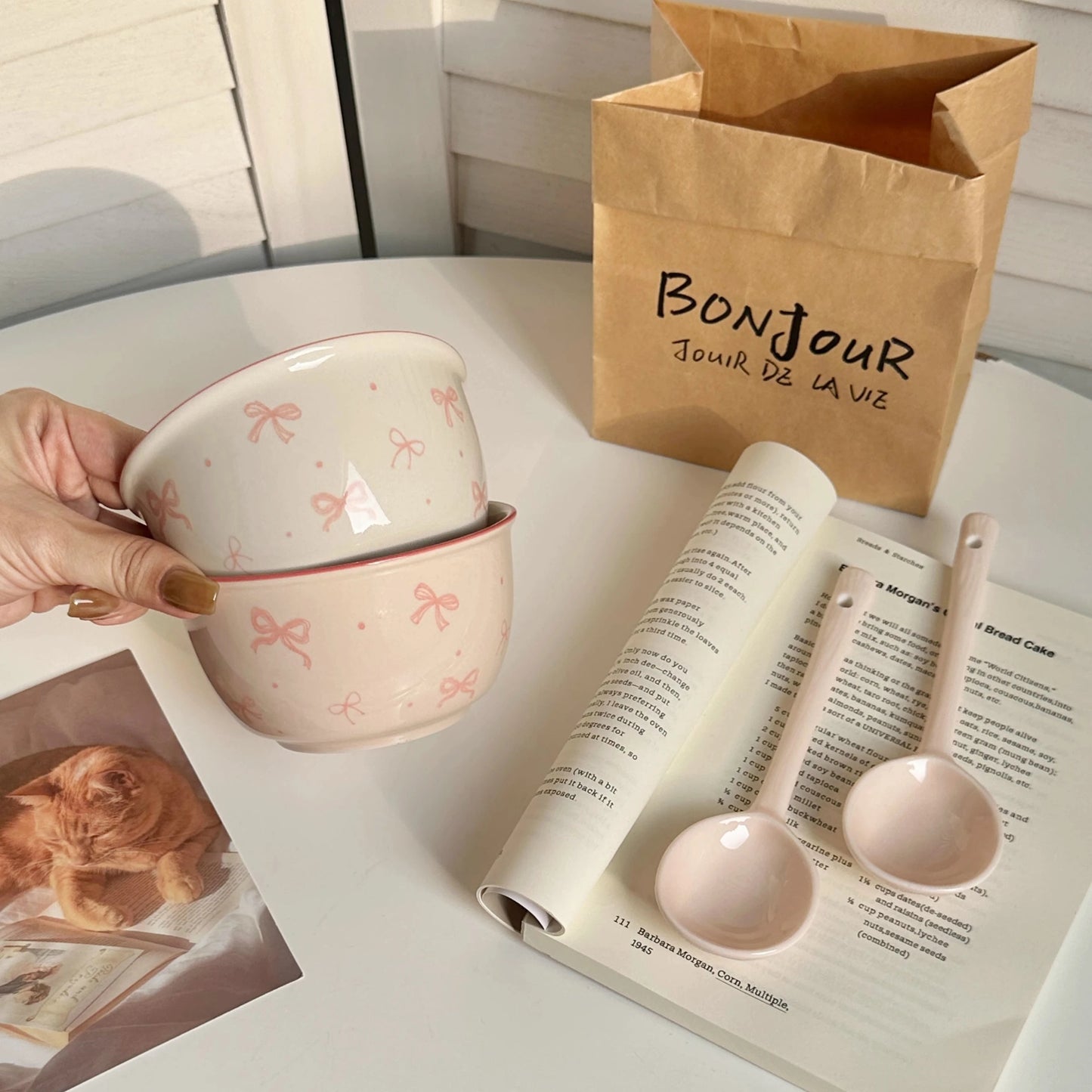 Keramik - Set mit Schleife (6 - teilig): Niedliche Schüssel & Teller für den täglichen Gebrauch - ApolettaApoletta