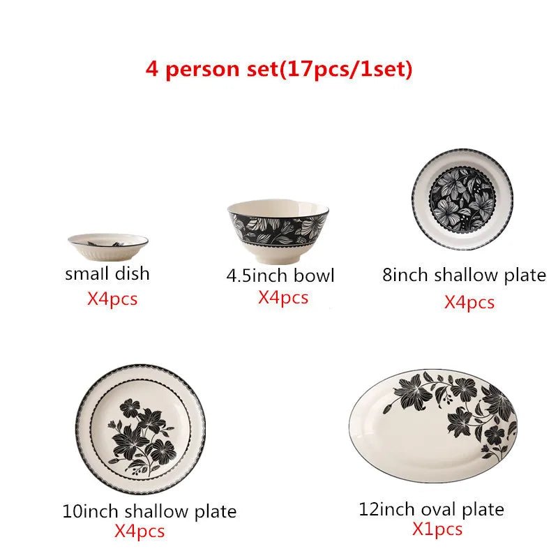 Vintage - Keramik - Geschirr - Set: Schalen, Teller & Besteck mit schwarzem Lilienmuster - ApolettaApoletta