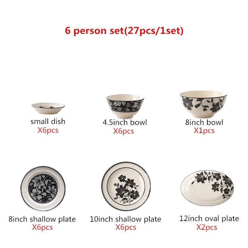 Vintage - Keramik - Geschirr - Set: Schalen, Teller & Besteck mit schwarzem Lilienmuster - ApolettaApoletta