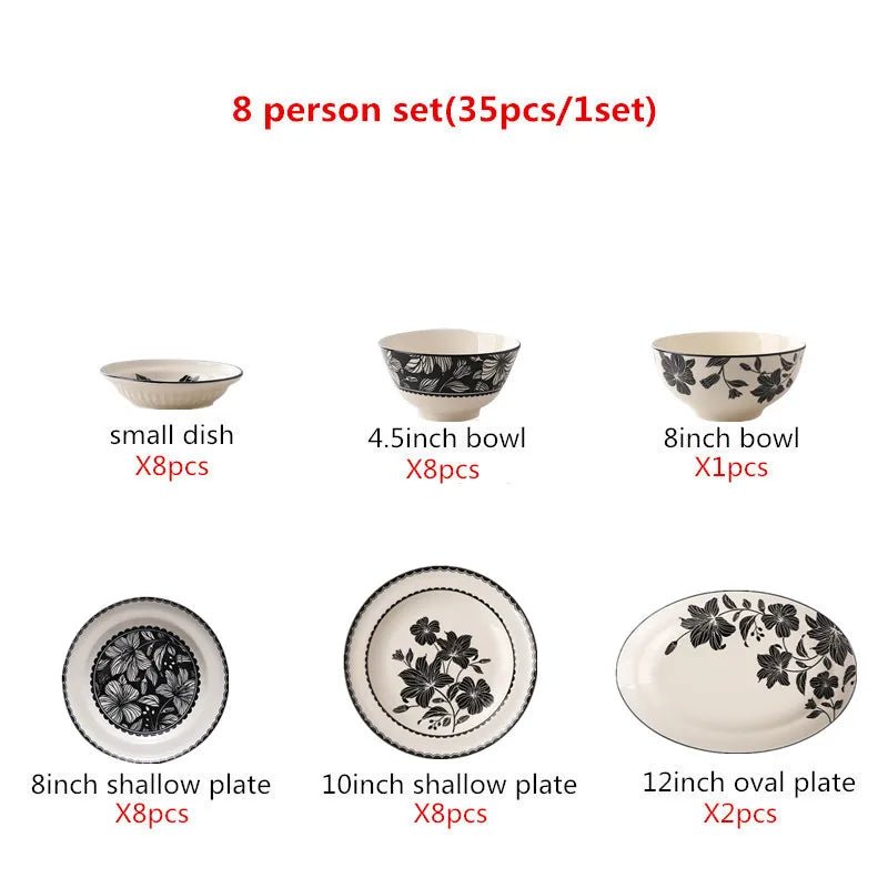 Vintage - Keramik - Geschirr - Set: Schalen, Teller & Besteck mit schwarzem Lilienmuster - ApolettaApoletta