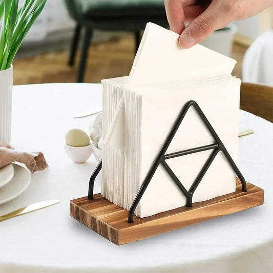 Dreieckiger Serviettenhalter: Freistehender, eleganter Spender aus Holz und Eisen - ApolettaApoletta