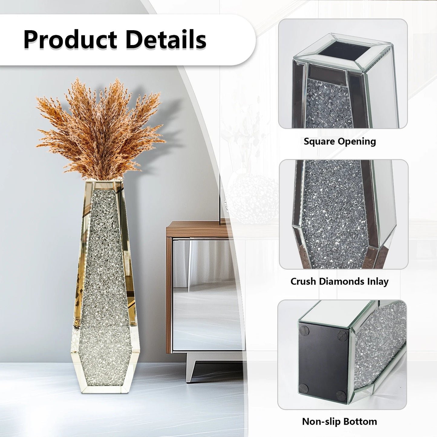 Verspiegelte Bodenvase: 2 Formen, Diamant - Effekt & 68 cm Höhe für Blumen & Pampasgras - ApolettaApoletta