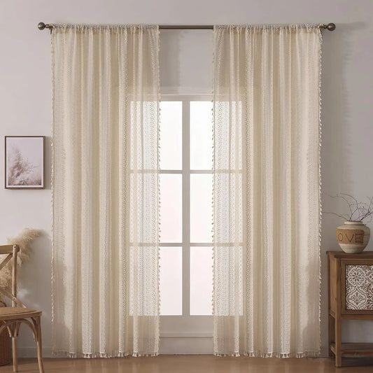 Japanische Boho - Tüll - Vorhänge: Vintage - Stil mit Quasten für Wohnzimmer und Fenster - ApolettaApoletta