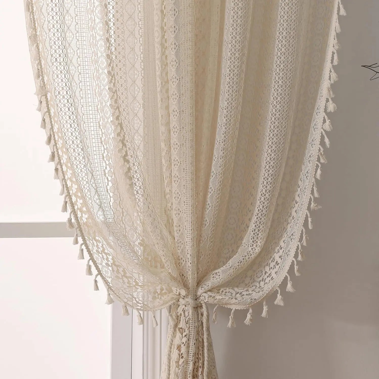 Japanische Boho - Tüll - Vorhänge: Vintage - Stil mit Quasten für Wohnzimmer und Fenster - ApolettaApoletta