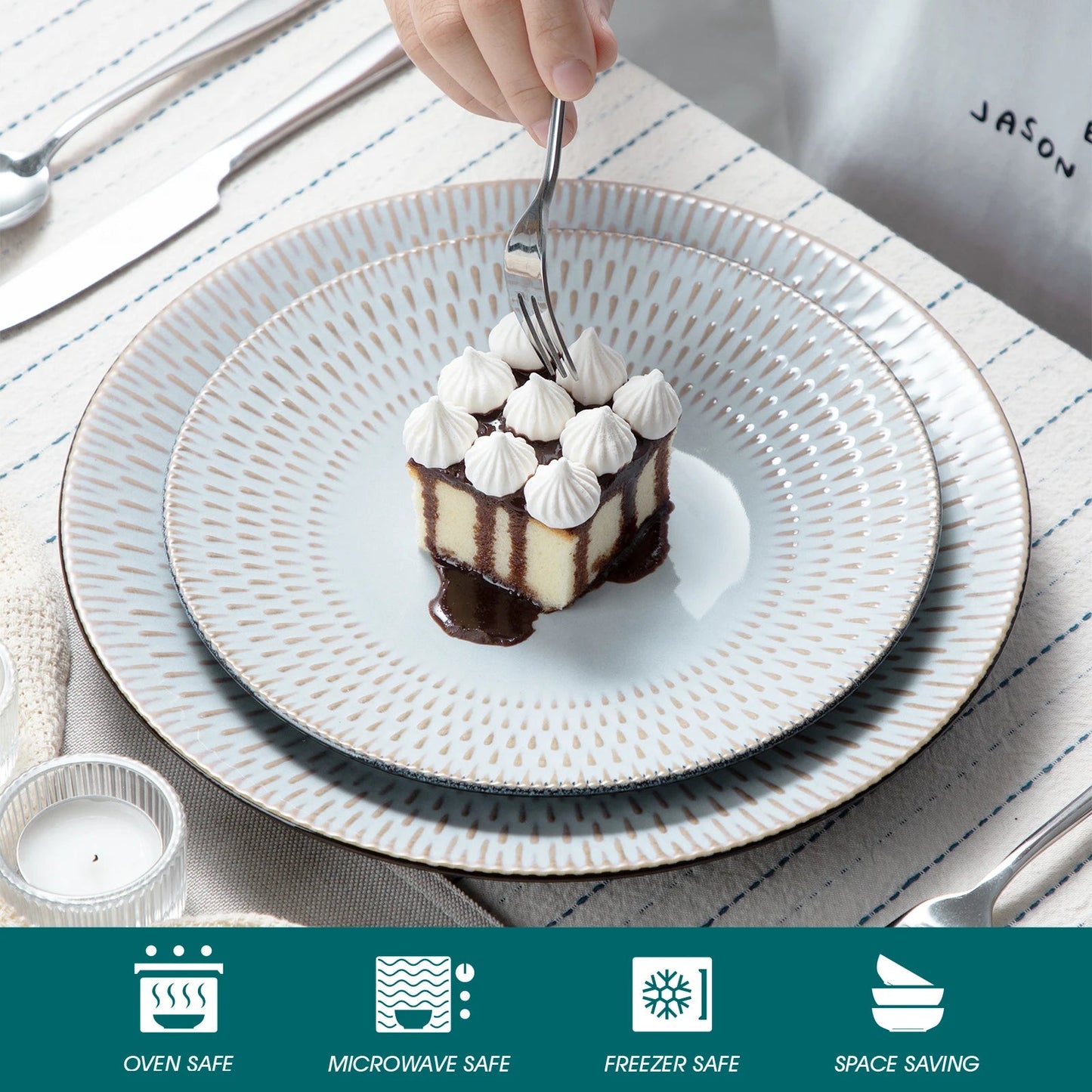 Beiges Geschirrset mit Relief: 16/32 - teilig aus Steinzeug für 4 oder 8 Personen - ApolettaApoletta