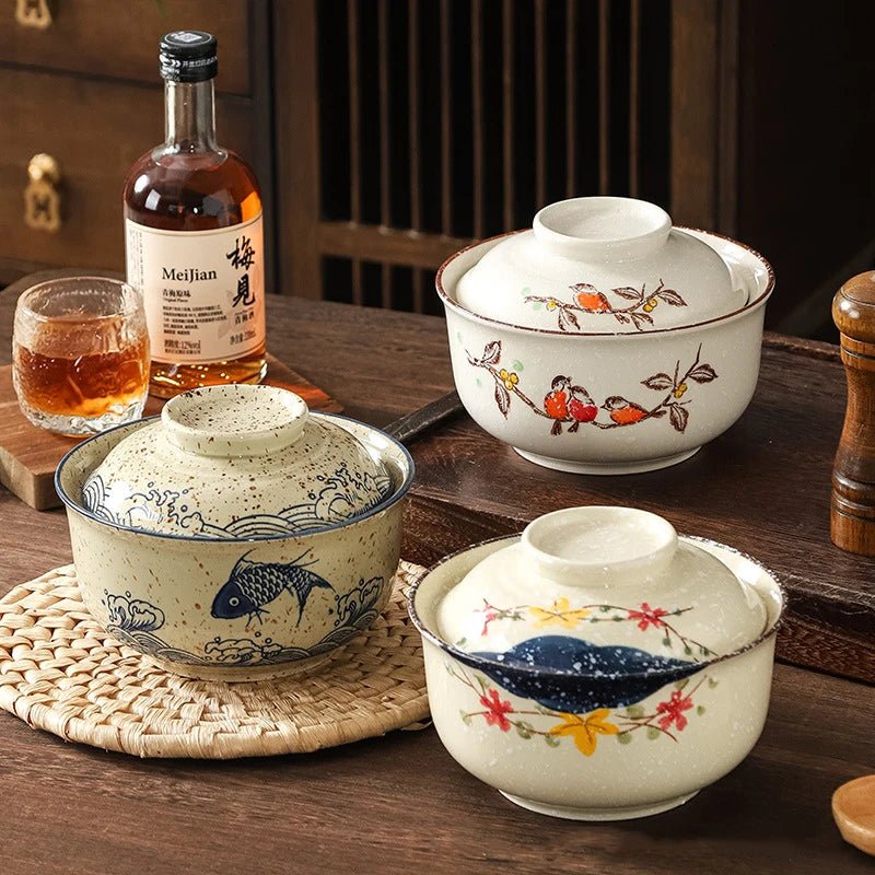 Japanische Ramen - Schüssel: Retro - Keramik mit Deckel für Nudeln & Suppen - ApolettaApoletta