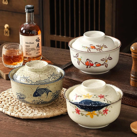 Japanische Ramen - Schüssel: Retro - Keramik mit Deckel für Nudeln & Suppen - ApolettaApoletta