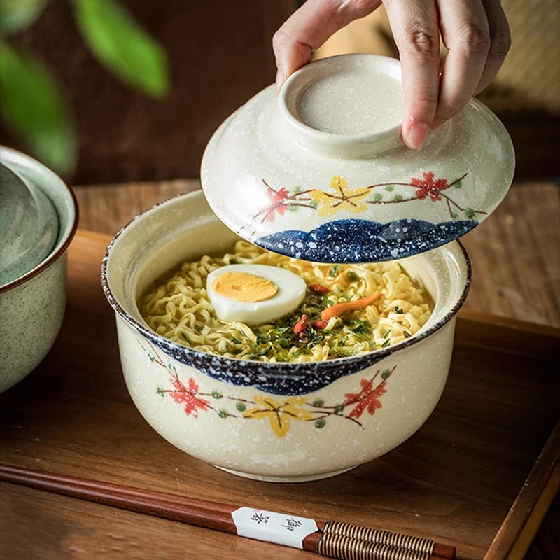Japanische Ramen - Schüssel: Retro - Keramik mit Deckel für Nudeln & Suppen - ApolettaApoletta