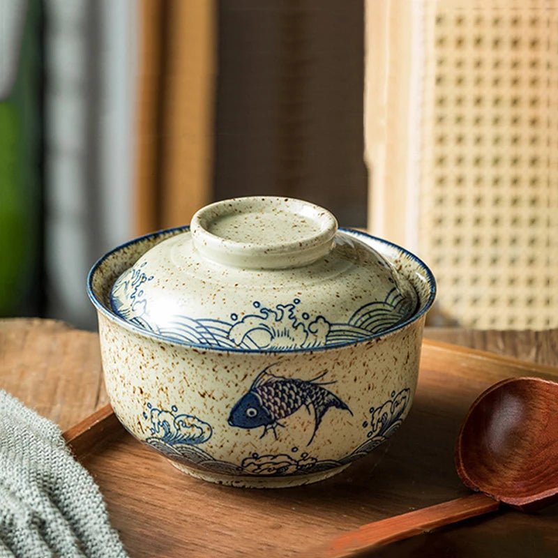 Japanische Ramen - Schüssel: Retro - Keramik mit Deckel für Nudeln & Suppen - ApolettaApoletta