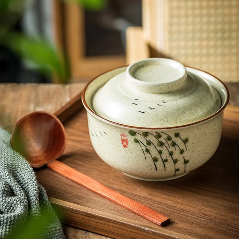 Japanische Ramen - Schüssel: Retro - Keramik mit Deckel für Nudeln & Suppen - ApolettaApoletta
