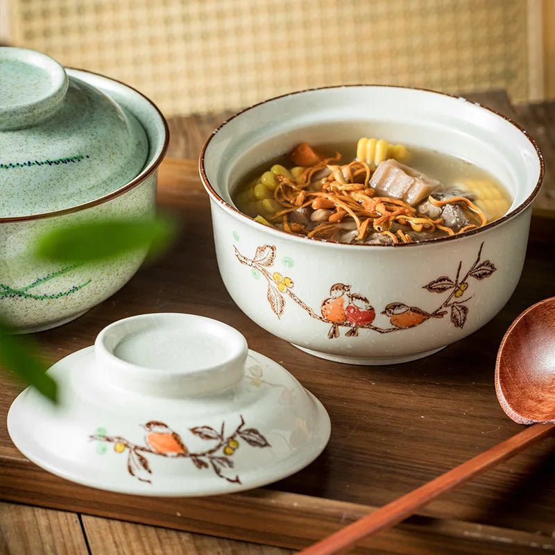 Japanische Ramen - Schüssel: Retro - Keramik mit Deckel für Nudeln & Suppen - ApolettaApoletta