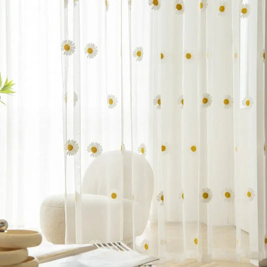Gelber Gänseblümchen - Tüllvorhang: Bestickte Voile - Gardine für Wohnzimmer & Kinderzimmer - ApolettaApoletta